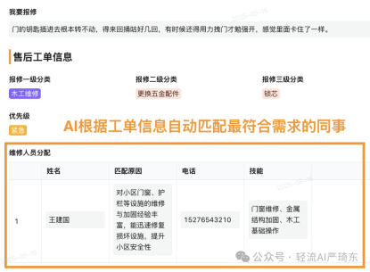 AI流程助手根据工单信息自动分发最合适的售后人员